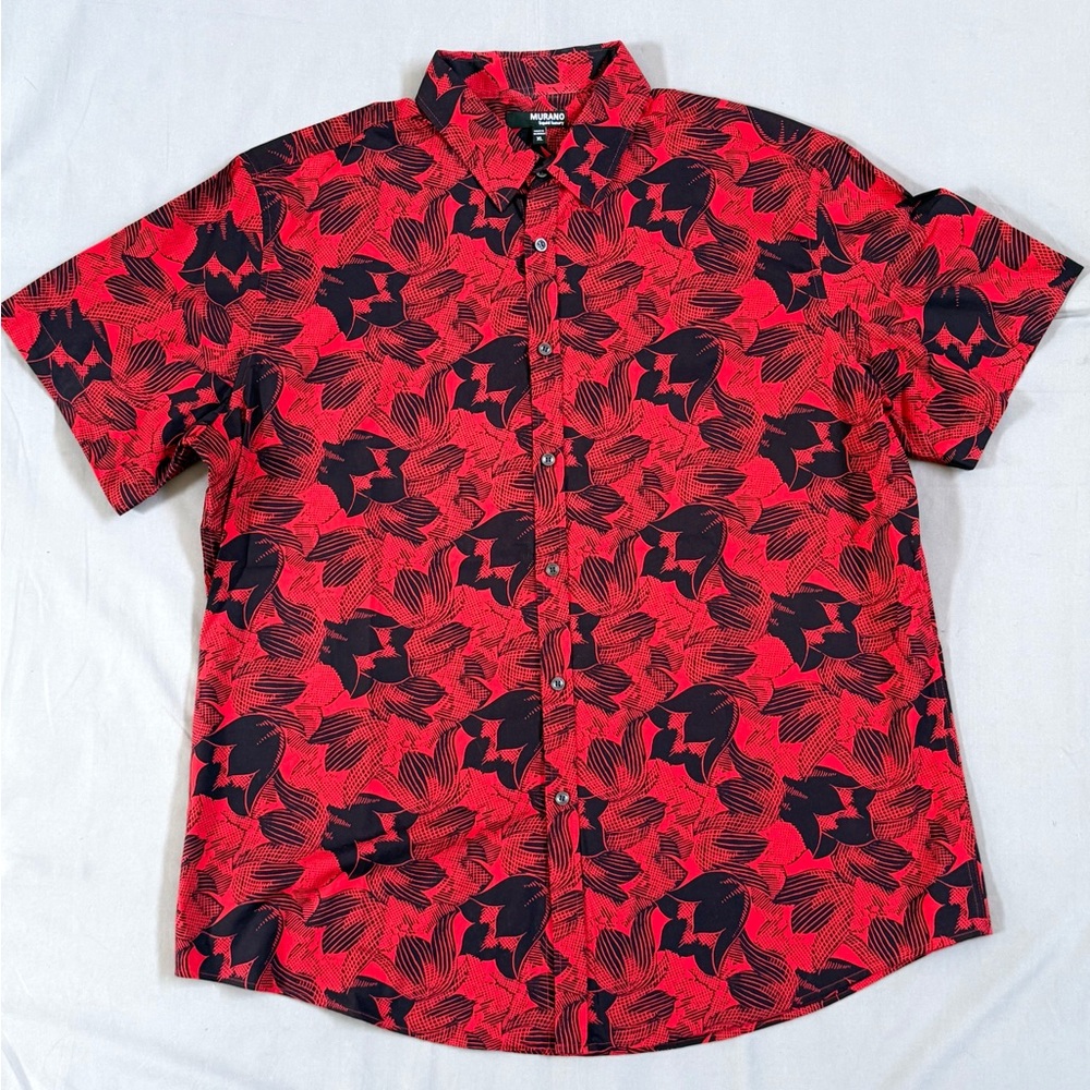 Murano Liquid Luxury Mens Red Black Short Sleeve Button Up Cotton Shirt Sizeโ XL